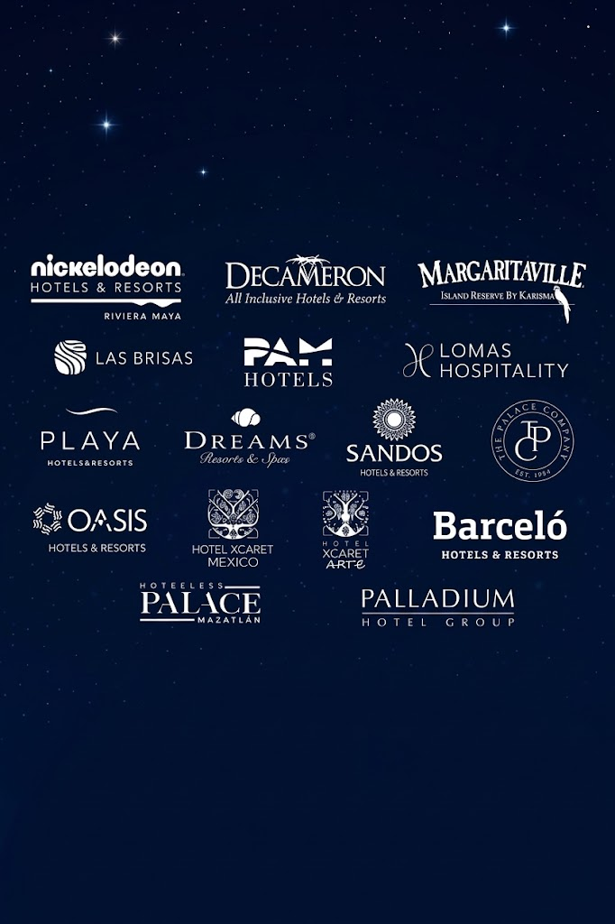 Cadenas hoteleras disponibles: Nickelodeon, Decameron, Margaritaville, Las Brisas, PAM Hotels, Lomas Hospitality, Playa, Dreams, Sandos, Oasis, Xcaret, Barceló, Palace Resorts y Palladium