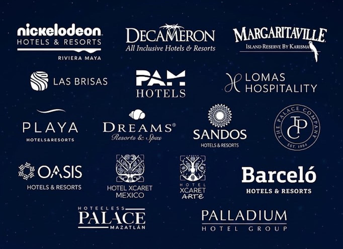 Cadenas hoteleras disponibles: Nickelodeon, Decameron, Margaritaville, Las Brisas, PAM Hotels, Lomas Hospitality, Playa, Dreams, Sandos, Oasis, Xcaret, Barceló, Palace Resorts y Palladium